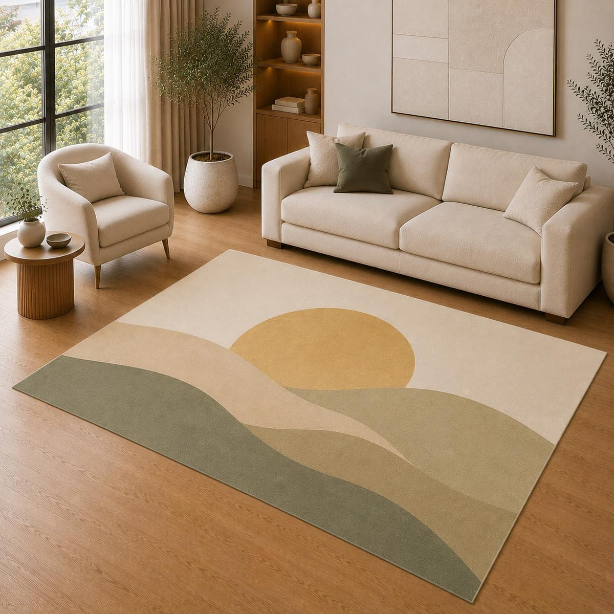 ICE ARMOR 5' x 7' Modern Sunrise Area Rug for Living Room, Soft Low Pile Indoor Rug with Non-Slip Silicone Backing, Decorative Carpet for Bedroom, Office, Family Room, Sage Green