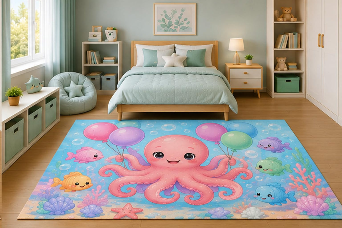 ICE ARMOR 5' x 7' Cute Pink Octopus with Balloons Area Rug for Girls Bedroom Nursery Playroom Scandinavian Minimalist Ocean Animal Coastal Decor Non-Slip Silicone Backing Low Pile