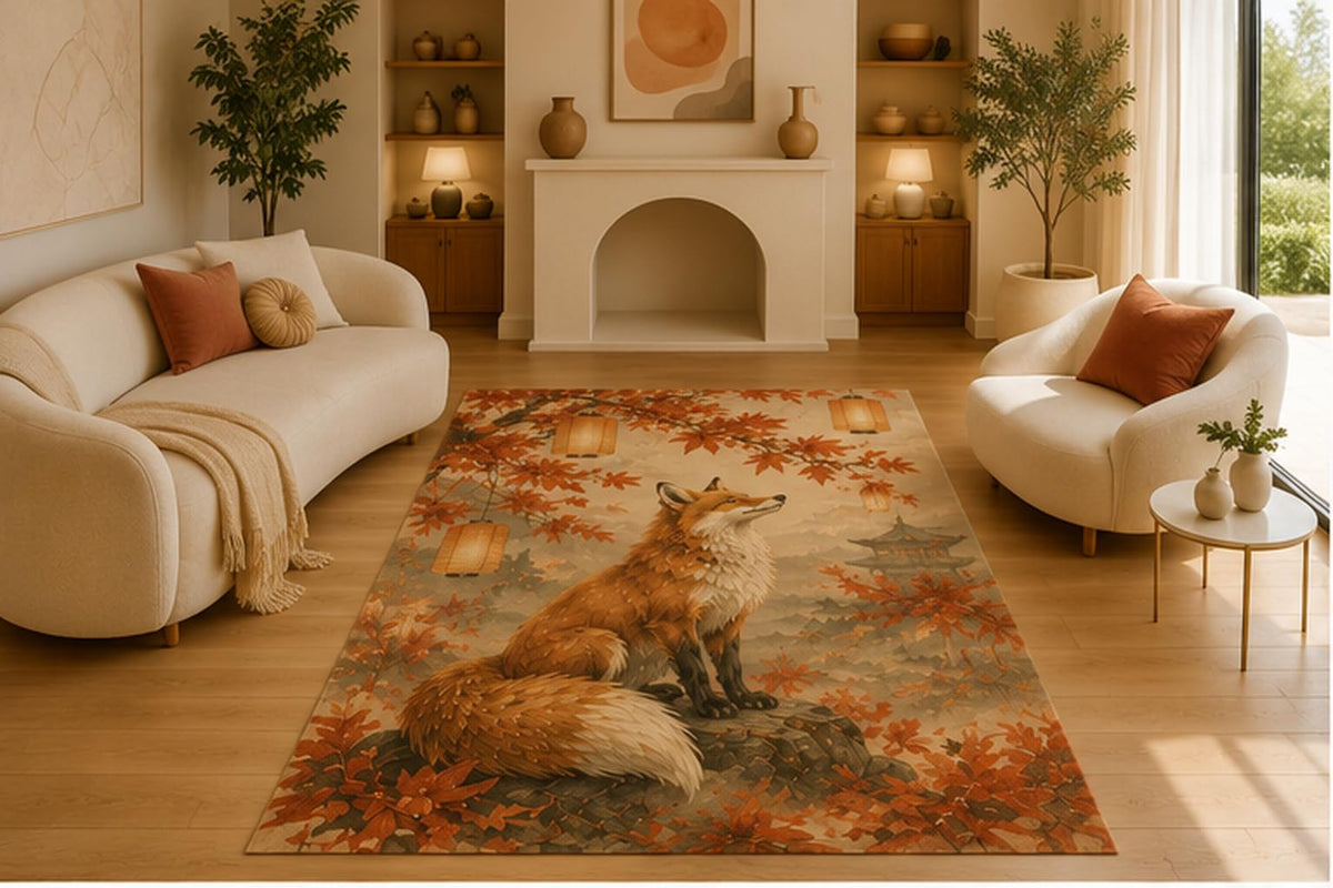 ICE ARMOR 5' x 7' Autumn Fox Japanese Garden Area Rug, Soft Low Pile Indoor Rug with Non-Slip Silicone Backing for Living Room, Bedroom, Dining Room & Office, Rust Orange