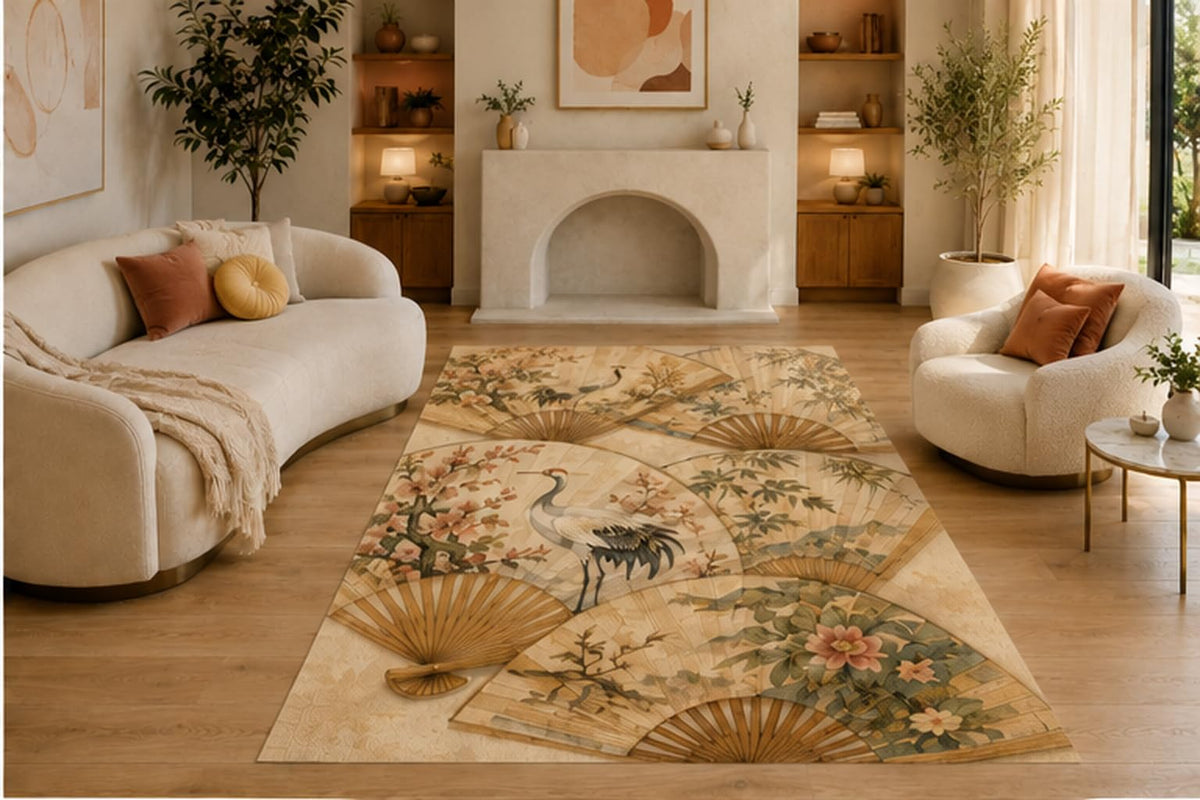 ICE ARMOR 5' x 7' Japanese Crane Folding Fan Area Rug, Soft Low Pile Non-Slip Indoor Carpet for Living Room, Bedroom, Office, Meditation Room and Asian Home Decor, Beige