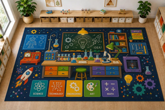 ICE ARMOR Large 6'7" x 9'10" STEM Science Lab Area Rug, Soft Low Pile Indoor Rug with Non-Slip Silicone Backing for Kids Room Playroom, Navy Blue