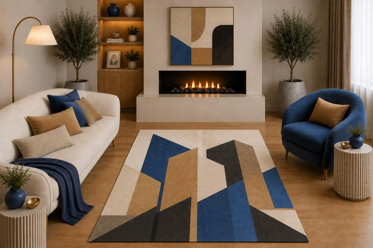 ICE ARMOR "Ultra Light Weight 5' x 7' Modern Abstract Geometric Area Rug Navy Blue Beige Tan Black Angular Design for Living Room Bedroom Dining Room Non-Slip Silicone Backing Low Pile