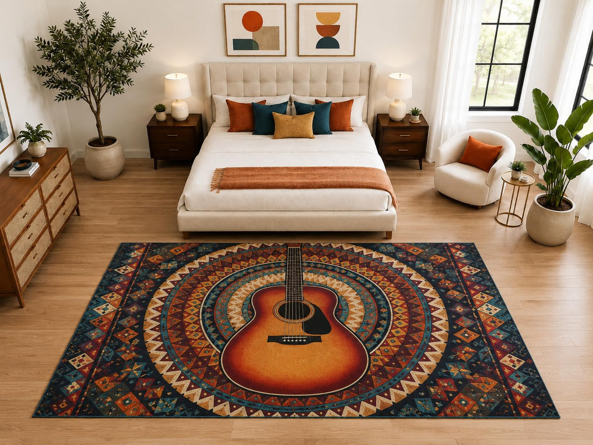 ICE ARMOR "Ultra Light Weight Large 6'7" x 9'10" Boho Acoustic Guitar Rug, Soft Low Pile Indoor Rug, Non-Slip Silicone Backing for Bedroom Orange