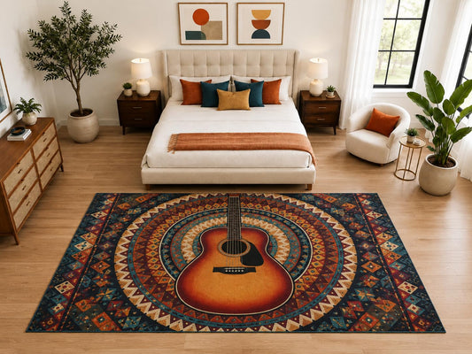ICE ARMOR "Ultra Light Weight Large 6'7" x 9'10" Boho Acoustic Guitar Rug, Soft Low Pile Indoor Rug, Non-Slip Silicone Backing for Bedroom Orange
