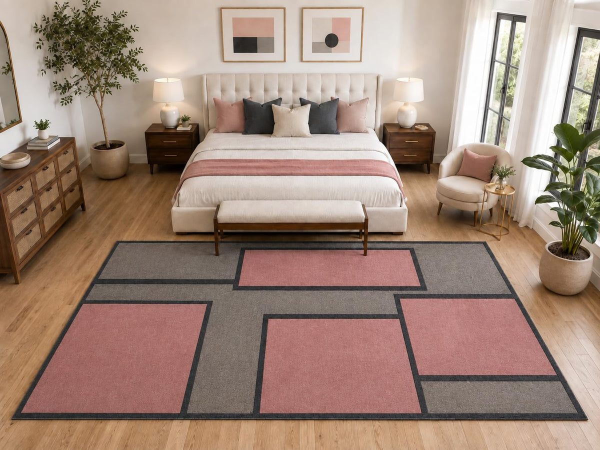 ICE ARMOR "Ultra Light Weight Large 6'7" x 9'10" Framed Geometric Rug, Soft Low Pile Indoor Rug, Non-Slip Silicone Backing for Bedroom Pink Gray