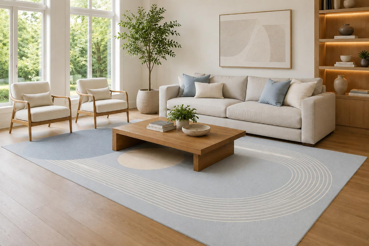 ICE ARMOR Large 6'7" x 9'10" Light Blue and Ivory Looping Tracks Area Rug for Living Room, Soft Low Pile Carpet with Non-Slip Silicone Backing, Decor for Bedroom, Dining Area and Home Office