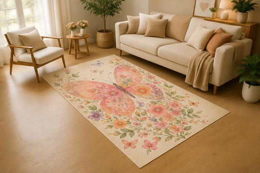 ICE ARMOR 5' x 7' Watercolor Butterfly Floral Area Rug, Soft Low Pile Indoor Rug with Non-Slip Silicone Backing for Living Room, Bedroom, Nursery, Kids Room, Kids & Pets, Pink Peach Purple