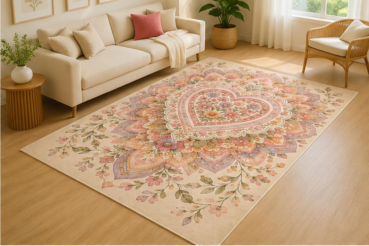 ICE ARMOR 5' x 7' Floral Heart Mandala Area Rug for Living Room, Soft Low Pile Indoor Rug with Non-Slip Silicone Backing, Decorative Carpet for Bedroom, Dining Room, Family Room