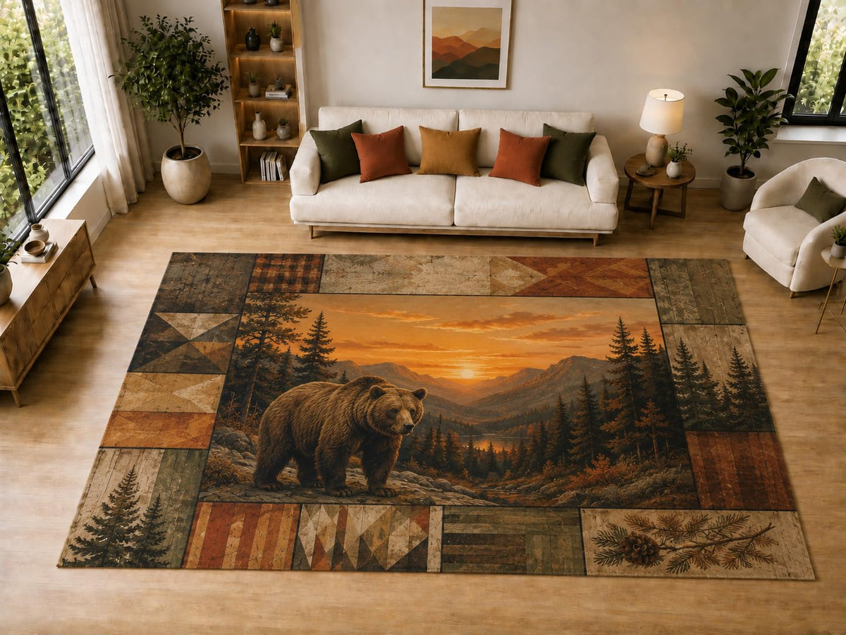 ICE ARMOR "Ultra Light Weight Large 6'7" x 9'10" Bear Sunset, Living Room, Bedroom, Dining Room, Office, Family Room, Soft Low Pile Indoor Rug, Non-Slip Silicone Backing, Brown