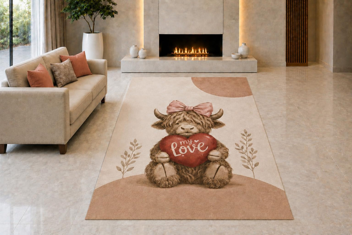 ICE ARMOR "Ultra Light Weight 5' x 7' My Love Highland Cow Area Rug for Living Room, Bedroom and Home Office, Soft Low Pile Carpet with Non-Slip Silicone Backing, Brown and Pink