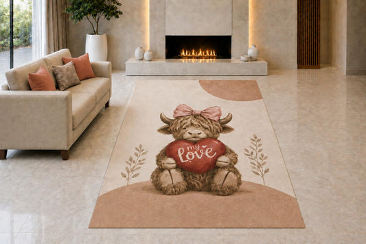 ICE ARMOR "Ultra Light Weight 5' x 7' My Love Highland Cow Area Rug for Living Room, Bedroom and Home Office, Soft Low Pile Carpet with Non-Slip Silicone Backing, Brown and Pink