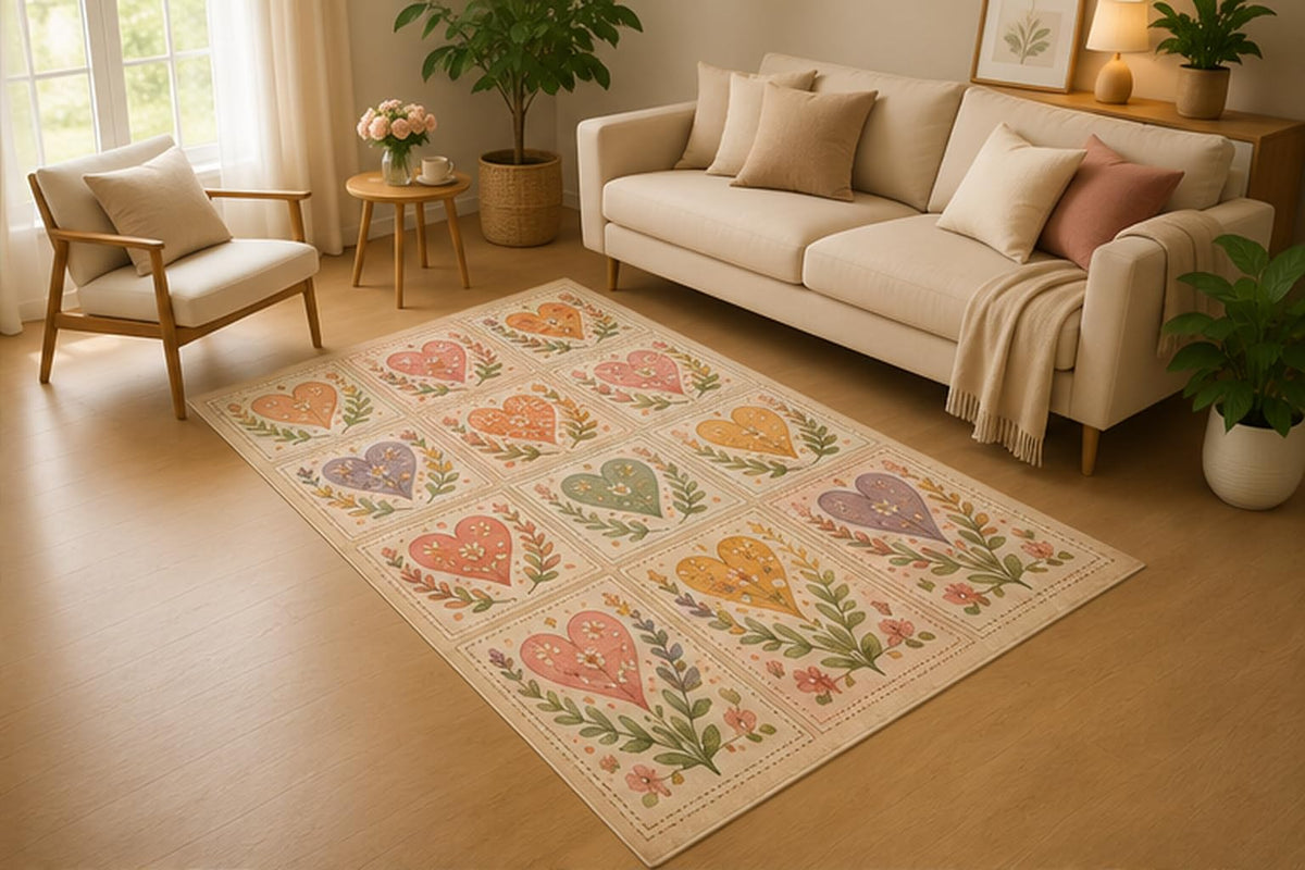 ICE ARMOR 5' x 7' Patchwork Heart Floral Tile Area Rug, Soft Low Pile Indoor Rug with Non-Slip Silicone Backing for Living Room, Bedroom, Nursery, Kids Room, Kids & Pets, Pink Peach Green