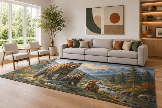 ICE ARMOR Large 6'7" x 9'10" Blue and Orange Mountain Bears Area Rug for Living Room, Soft Low Pile Carpet with Non-Slip Silicone Backing, Decor for Bedroom Dining Room and Home Office