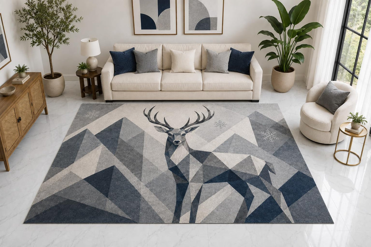 ICE ARMOR "Ultra Light Weight Large 6'7" x 9'10" Winter Stag Area Rug Carpet Soft Low Pile Indoor Rug and Non-Slip Silicone Backing Bedroom Gray
