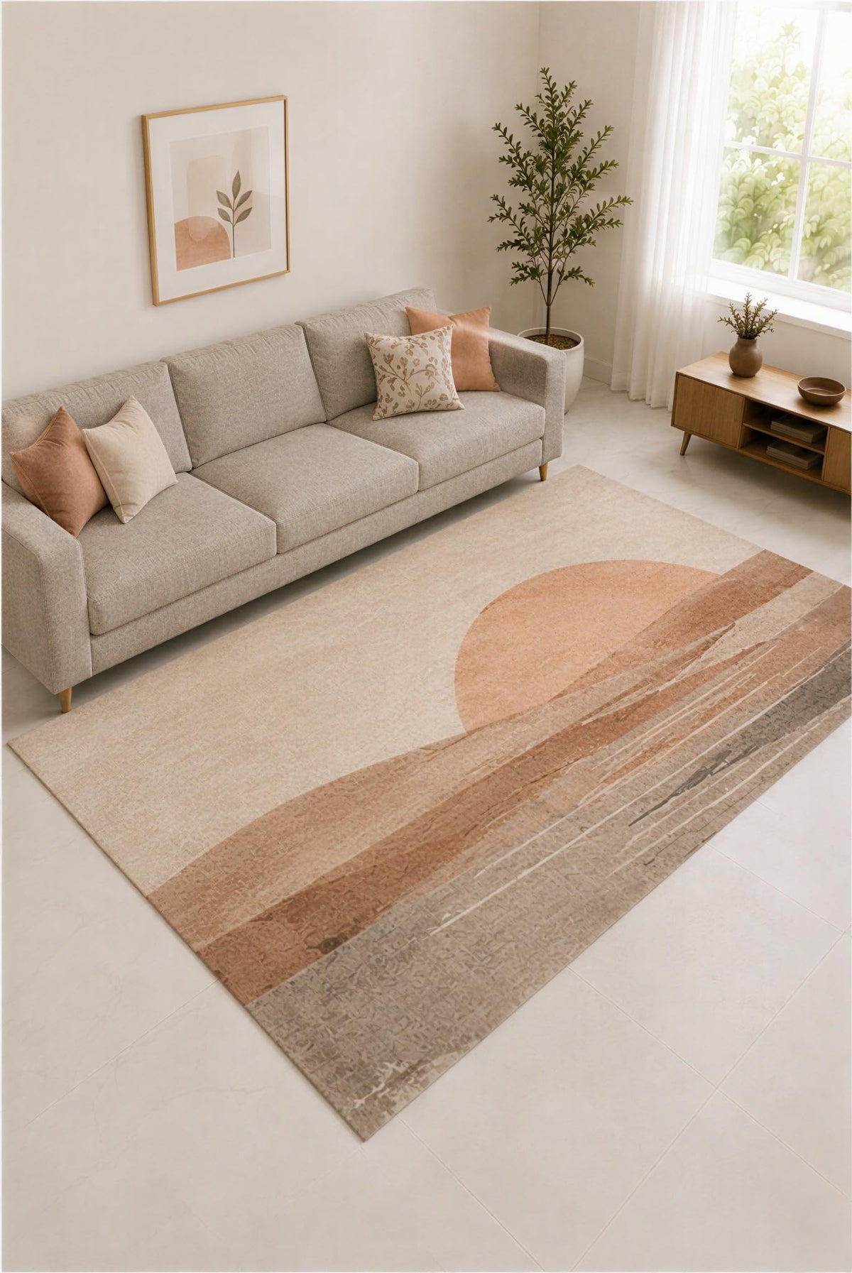 ICE ARMOR "Ultra Lightweight Large 6'7" x 9'10" Apricot and Taupe Sunrise Bands Area Rug for Living Room, Bedroom and Home Office, Soft Low Pile Carpet with Non-Slip Silicone Backing