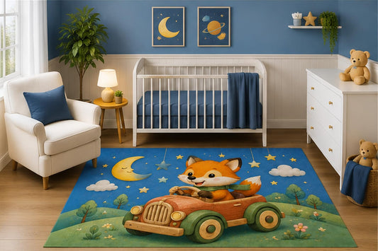 ICE ARMOR 5' x 7' Watercolor Fox Driving Vintage Car Nursery Area Rug, Woodland Animal Kids Bedroom Playroom Decor Carpet, Non-Slip Silicone Backing Low Pile