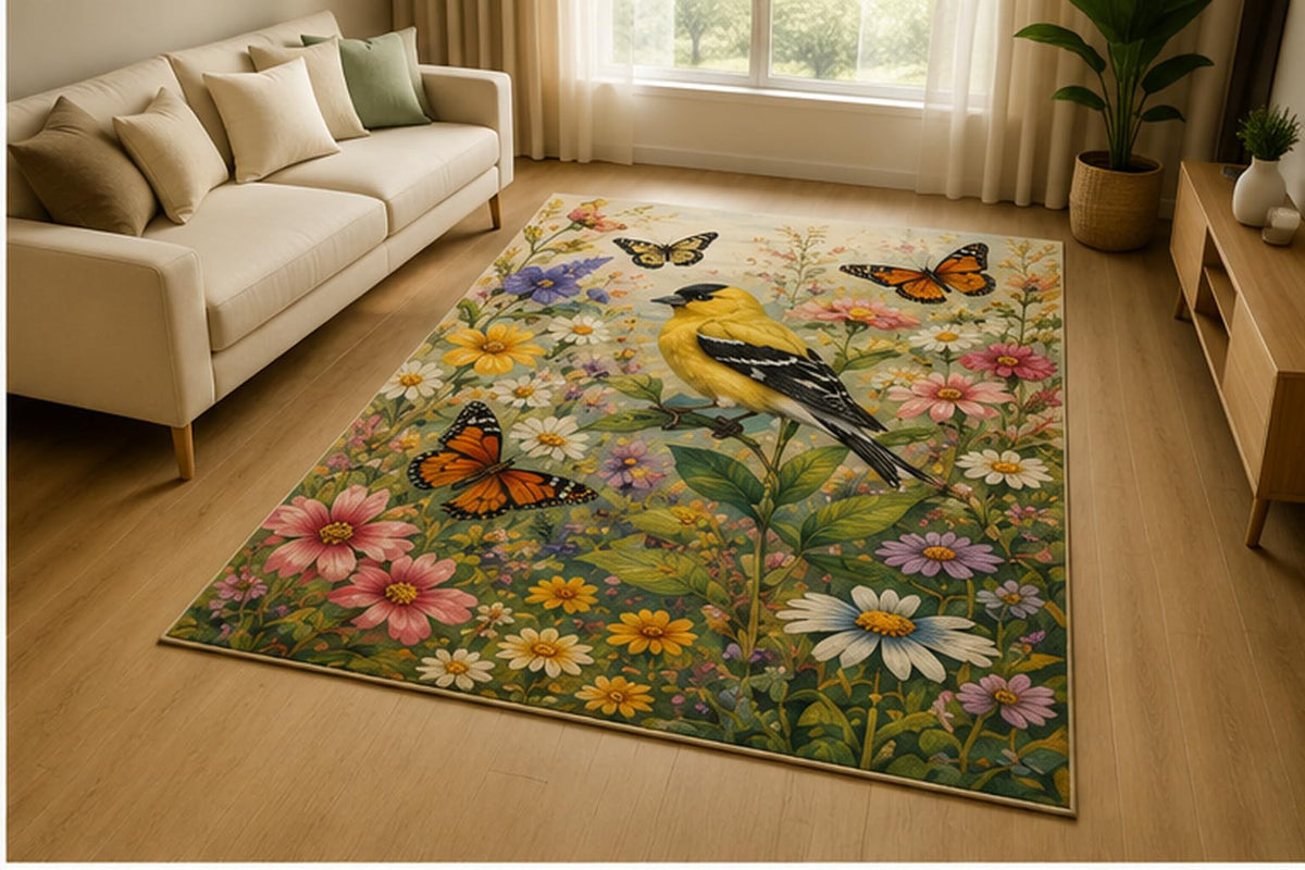 ICE ARMOR 5' x 7' American Goldfinch Butterfly Wildflower Area Rug for Living Room, Soft Low Pile Indoor Rug with Non-Slip Silicone Backing, Garden Decor for Bedroom, Nursery, Kids & Pets, Yellow