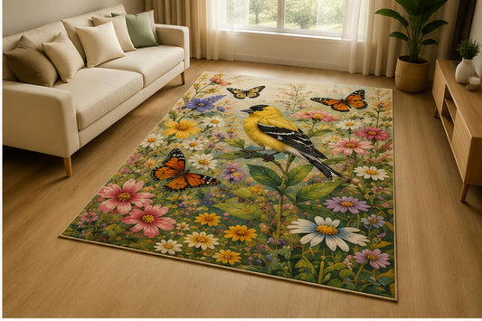 ICE ARMOR 5' x 7' American Goldfinch Butterfly Wildflower Area Rug for Living Room, Soft Low Pile Indoor Rug with Non-Slip Silicone Backing, Garden Decor for Bedroom, Nursery, Kids & Pets, Yellow