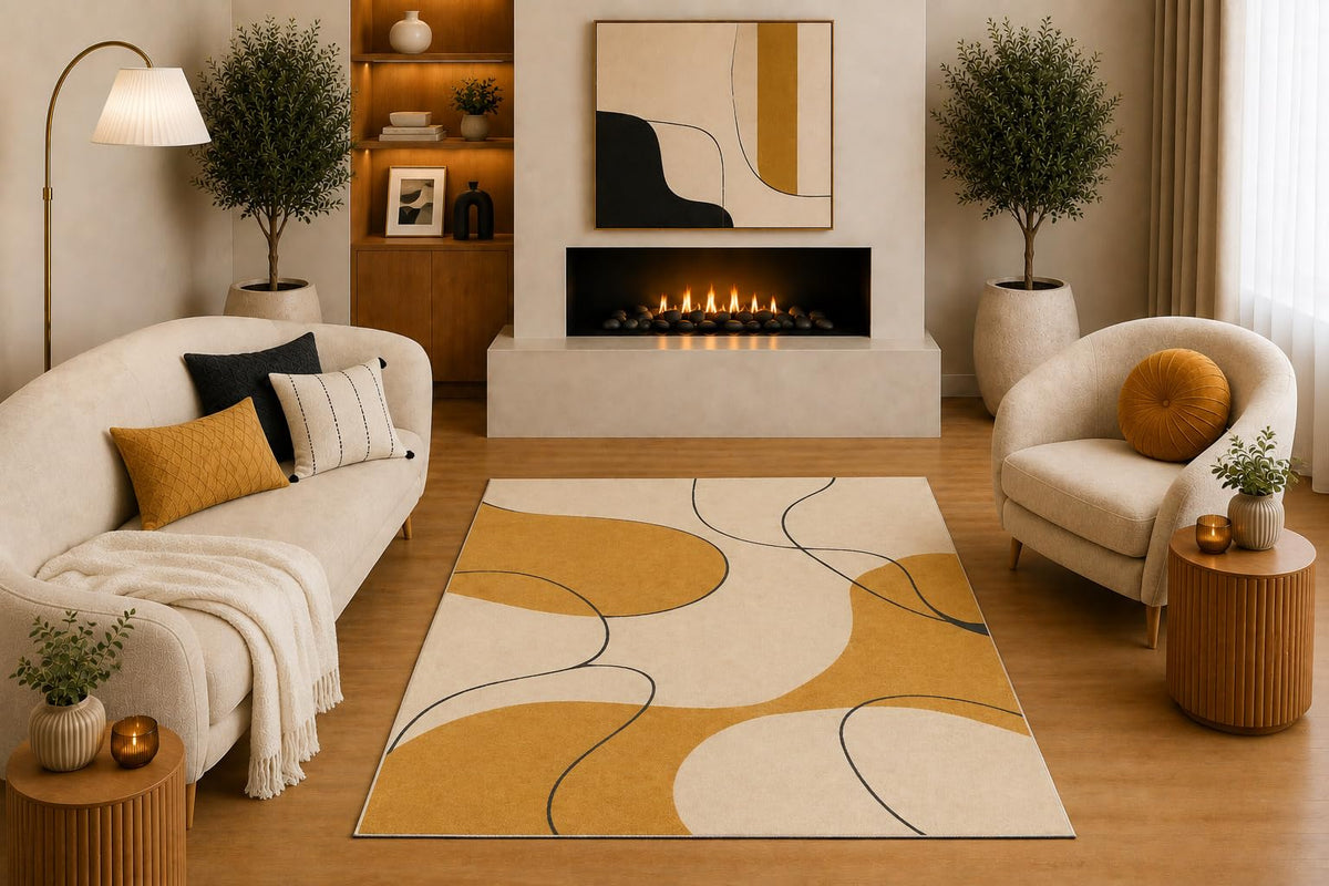 ICE ARMOR "Ultra Light Weight 5' x 7' Modern Abstract Area Rug Mustard Beige Black Curved Line Organic Shape Design for Living Room Bedroom Dining Room Office Non-Slip Silicone Backing Low Pile