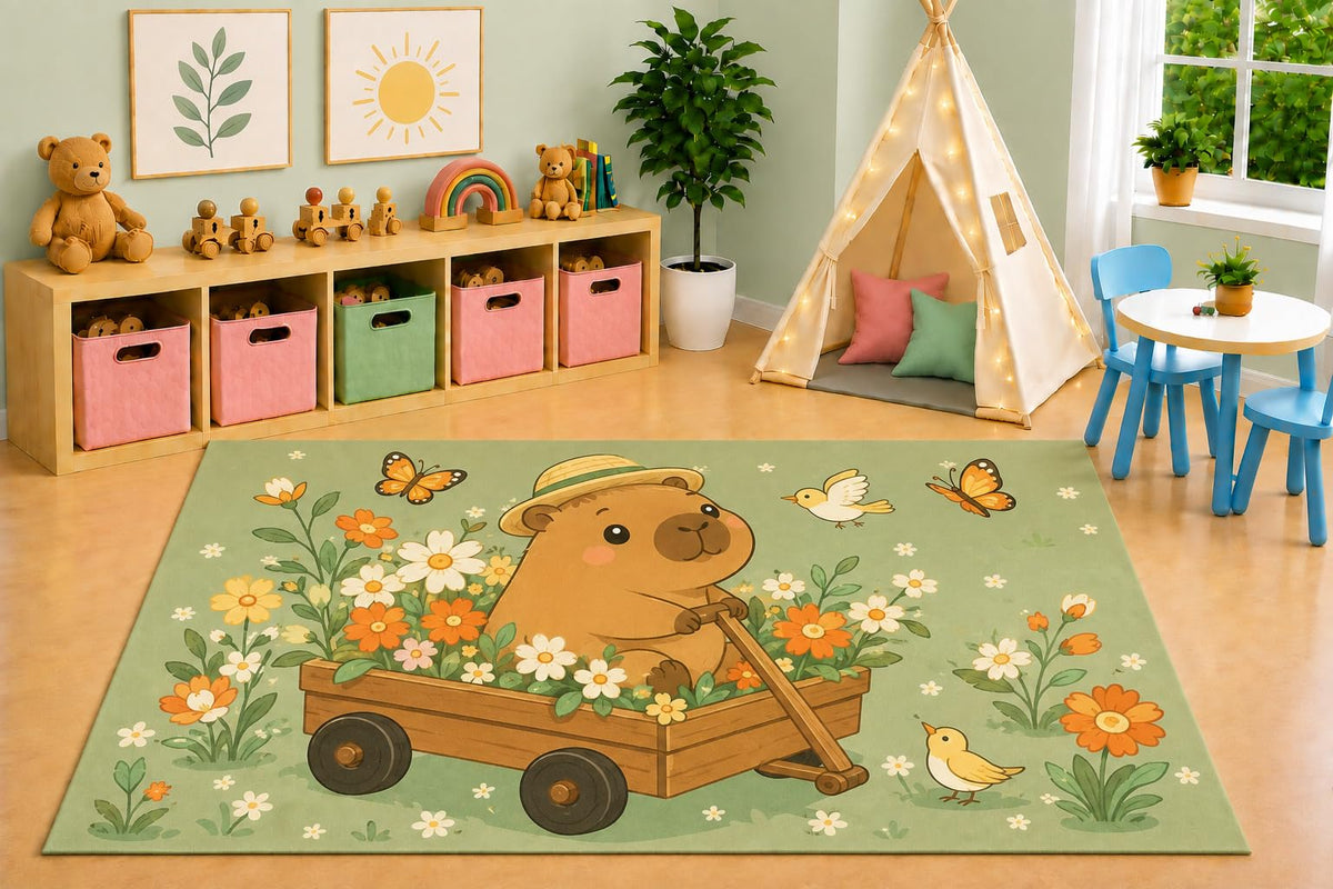 ICE ARMOR 5' x 7' Capybara Flower Wagon Area Rug, Cute Garden Flowers Birds Butterfly Nature Kids Playroom Nursery Bedroom Decor, Non-Slip Silicone Backing Low Pile