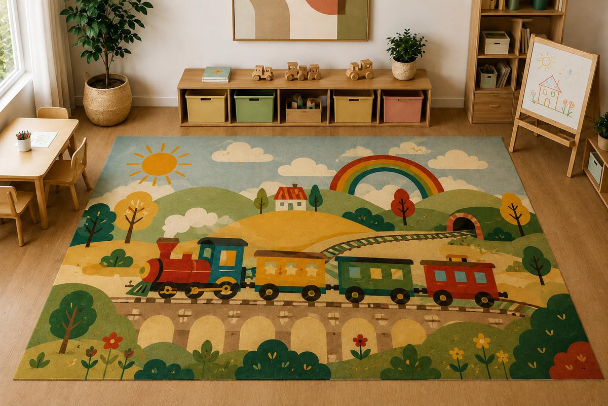 ICE ARMOR Large 6'7" x 9'10" Train Rainbow Countryside Area Rug, Soft Low Pile Indoor Rug with Non-Slip Silicone Backing for Kids Room Playroom, Green