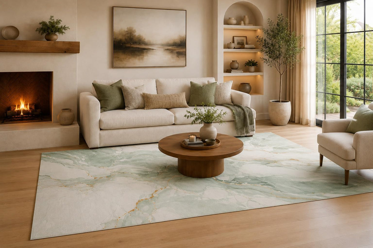 ICE ARMOR Large 6'7" x 9'10" Sage Green and Ivory Marble Current Area Rug for Living Room, Soft Low Pile Carpet with Non-Slip Silicone Backing, Decor for Bedroom and Dining Area