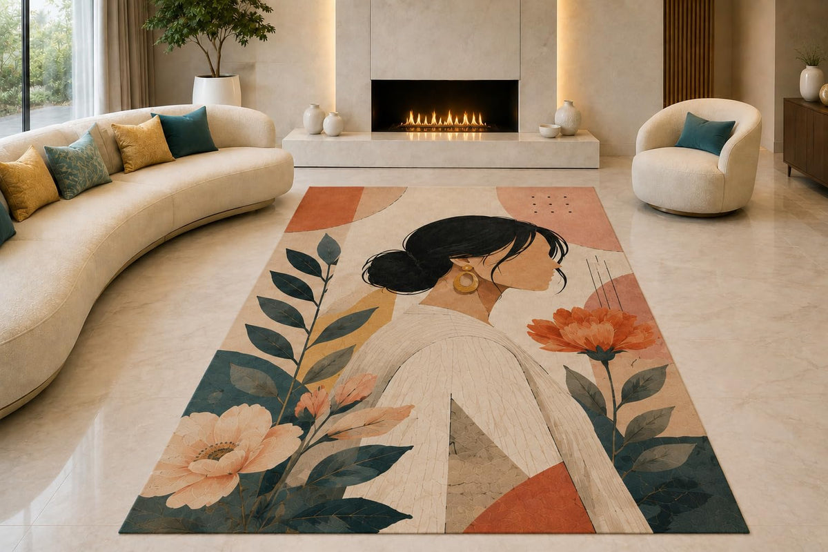 ICE ARMOR "Ultra Lightweight Large 6'7" x 9'10" Botanical Woman Area Rug for Living Room, Bedroom and Home Office, Soft Low Pile Carpet with Non-Slip Silicone Backing, Cream and Green
