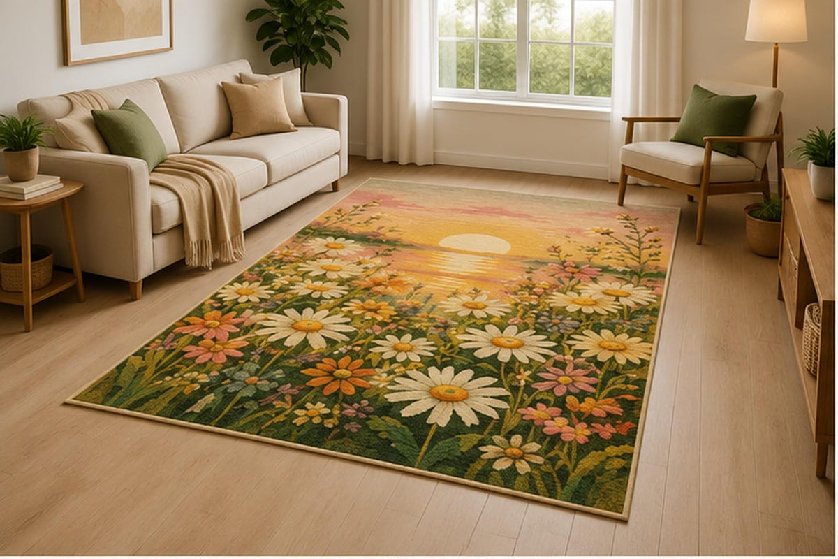 ICE ARMOR 5' x 7' Wildflower Bouquet Area Rug for Living Room, Soft Low Pile Indoor Rug with Non-Slip Silicone Backing, Decorative Carpet for Bedroom, Dining Room, Family Room, Nursery,
