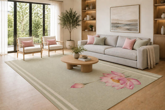 ICE ARMOR Large 6'7" x 9'10" Sage Green and Blush Pink Single Lotus Flower Area Rug for Living Room, Soft Low Pile Carpet with Non-Slip Silicone Backing, Decor for Bedroom and Home Office
