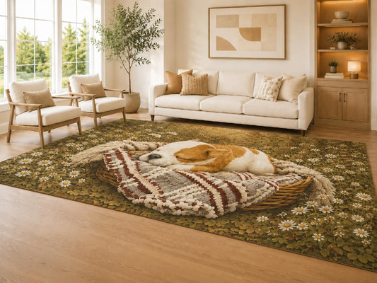 ICE ARMOR Large 6'7" x 9'10" Brown and Cream Sleeping Puppy Area Rug for Living Room, Soft Low Pile Carpet with Non-Slip Silicone Backing, Decor for Bedroom Dining Room and Home Office