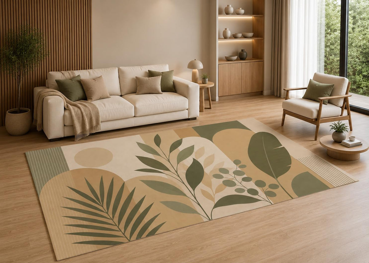 ICE ARMOR 5' x 7' Modern Botanical Leaf Area Rug with Non-Slip Silicone Backing Low Pile Soft Carpet for Living Room Bedroom Neutral Green Nature Decor