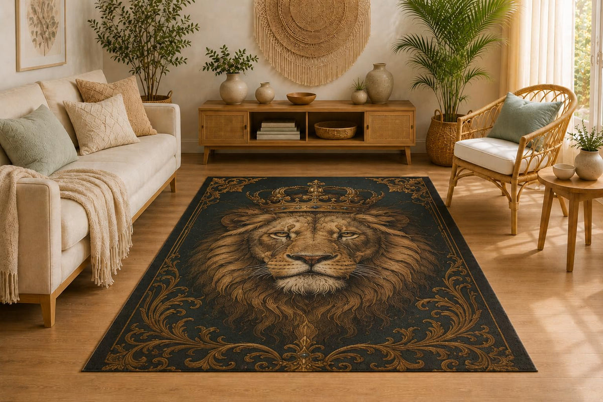 ICE ARMOR 5' x 7' Royal Crowned Lion Area Rug, Soft Low Pile Indoor Rug with Non-Slip Silicone Backing, Decorative Carpet for Living Room, Bedroom, Dining Room, Office, Majestic Wildlife Decor