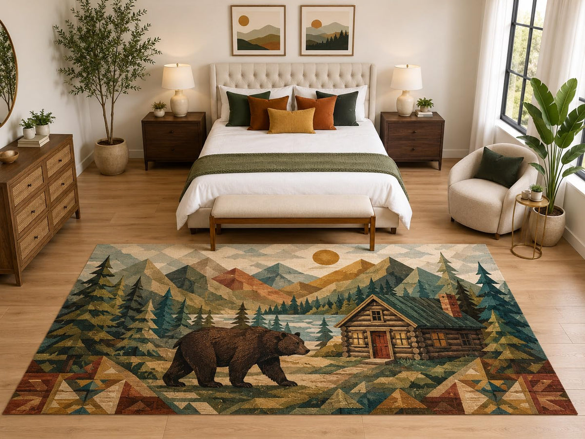ICE ARMOR "Ultra Light Weight Large 6'7" x 9'10" Geometric Bear Cabin Rug, Soft Low Pile Indoor Rug and Non-Slip Silicone Backing, Bedroom, Brown