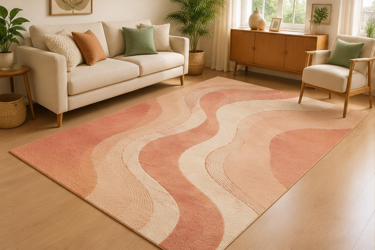 ICE ARMOR 5' x 7' Contemporary Wavy Stripe Area Rug for Living Room, Soft Low Pile Indoor Rug with Non-Slip Silicone Backing, Modern Carpet for Bedroom, Office, Family Room, Coral Peach Beige