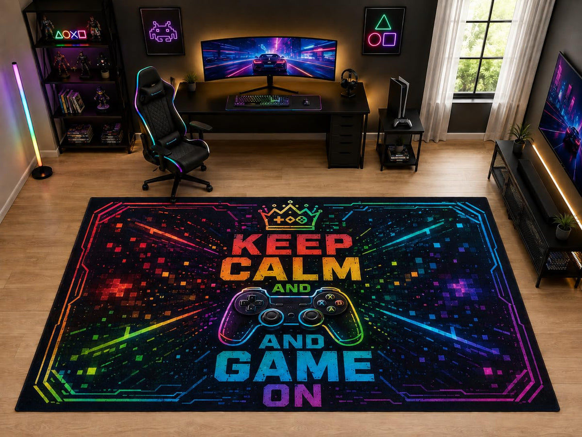 ICE ARMOR "Ultra Light Weight Large 6'7" x 9'10" Keep Calm Game On Controller Area Rug for Kids Room Playroom, Soft Low Pile Indoor Rug and Non-Slip Silicone Backing, Black