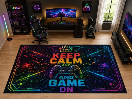 ICE ARMOR "Ultra Light Weight Large 6'7" x 9'10" Keep Calm Game On Controller Area Rug for Kids Room Playroom, Soft Low Pile Indoor Rug and Non-Slip Silicone Backing, Black