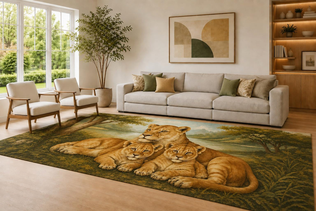 ICE ARMOR Large 6'7" x 9'10" Tan & Olive Lion Family Area Rug for Living Room, Soft Low Pile Carpet with Non-Slip Silicone Backing, Decor for Bedroom & Home Office