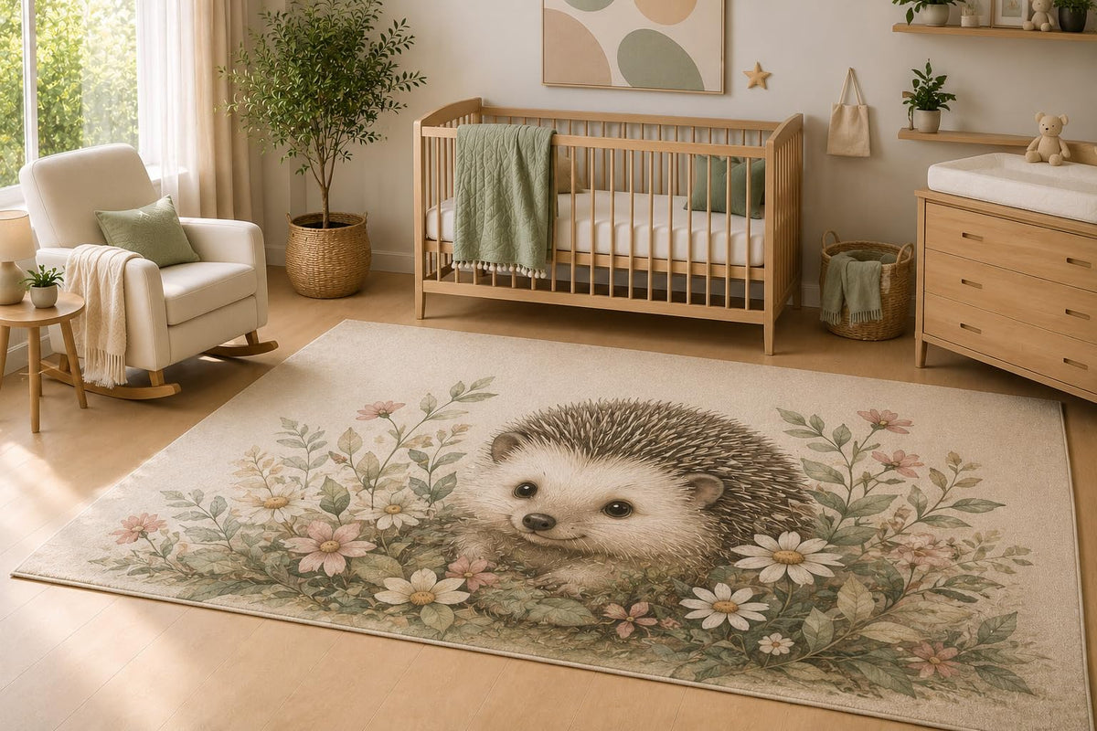 ICE ARMOR 5' x 7' Cute Hedgehog Floral Area Rug, Soft Low Pile Indoor Rug with Non-Slip Silicone Backing, Woodland Animal Carpet for Nursery, Kids Room, Playroom, Bedroom, Kids and Pets, Beige Brown