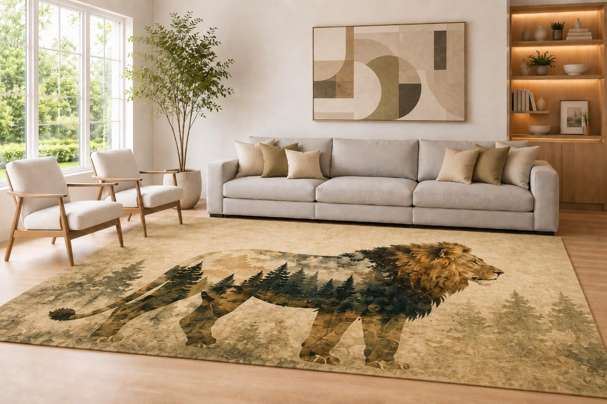 ICE ARMOR Large 6'7" x 9'10" Beige and Green Woodland Lion Area Rug for Living Room, Soft Low Pile Carpet with Non-Slip Silicone Backing, Decor for Bedroom Dining Room and Home Office