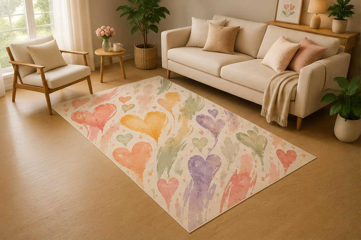 ICE ARMOR 5' x 7' Watercolor Heart Pattern Area Rug, Soft Low Pile Indoor Rug with Non-Slip Silicone Backing for Living Room, Bedroom, Playroom, Kids Room, Kids & Pets, Pink Purple Cream