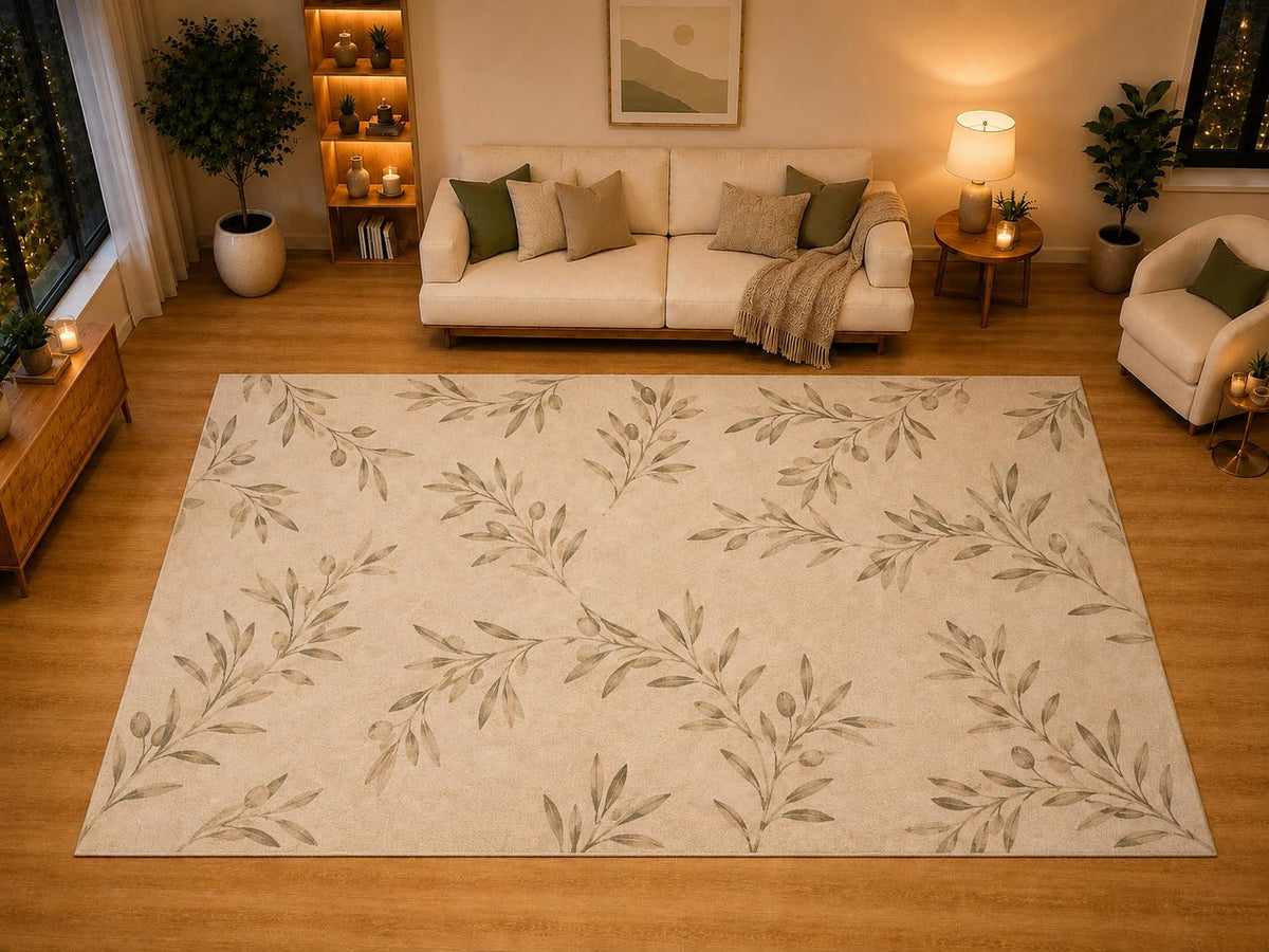 ICE ARMOR "Ultra Light Weight Large 6'7" x 9'10" Olive Branch Scatter Area Rug for Living Room, Bedroom, Dining Room, Soft Low Pile Non-Slip Backing, Olive Cream