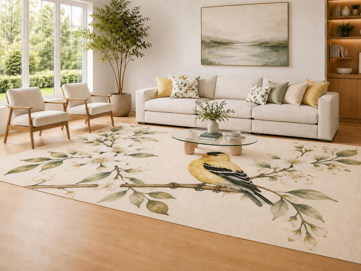 ICE ARMOR Large 6'7" x 9'10" Yellow and Green Bird Blossom Area Rug for Living Room, Soft Low Pile Carpet with Non-Slip Silicone Backing, Spring Branch Decor for Bedroom Home Office