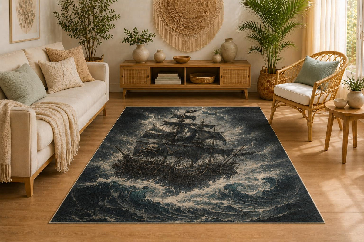 ICE ARMOR 5' x 7' Stormy Pirate Ship Area Rug, Nautical Ocean Artwork, Soft Low Pile Rug with Non-Slip Silicone Backing for Living Room, Bedroom, Office