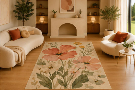 ICE ARMOR 5' x 7' Watercolor Wildflower Garden Area Rug, Soft Low Pile Indoor Rug with Non-Slip Silicone Backing, Decorative Carpet for Living Room, Bedroom, Cream Pink