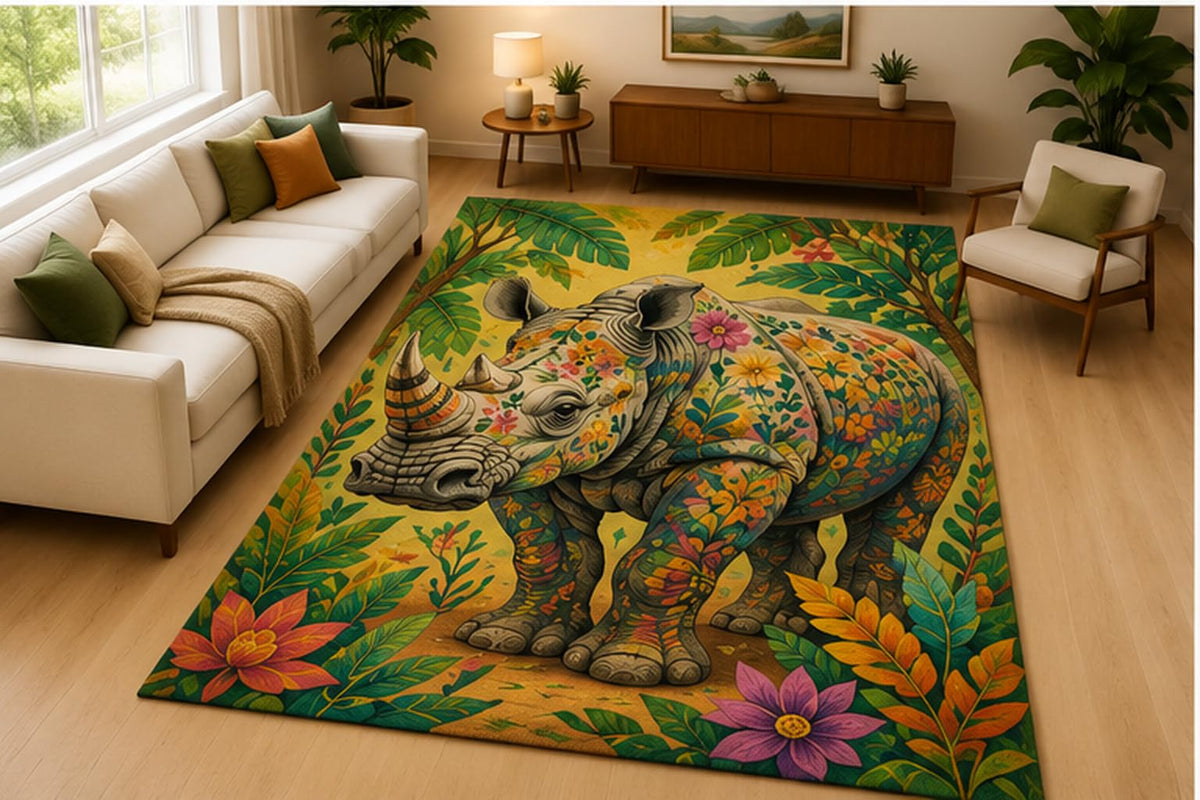 ICE ARMOR 5' x 7' Rhino Tropical Garden Area Rug Soft Low Pile Indoor Rug with Non Slip Silicone Backing Exotic Animal Decor Carpet for Living Room Bedroom Office Family Room Green