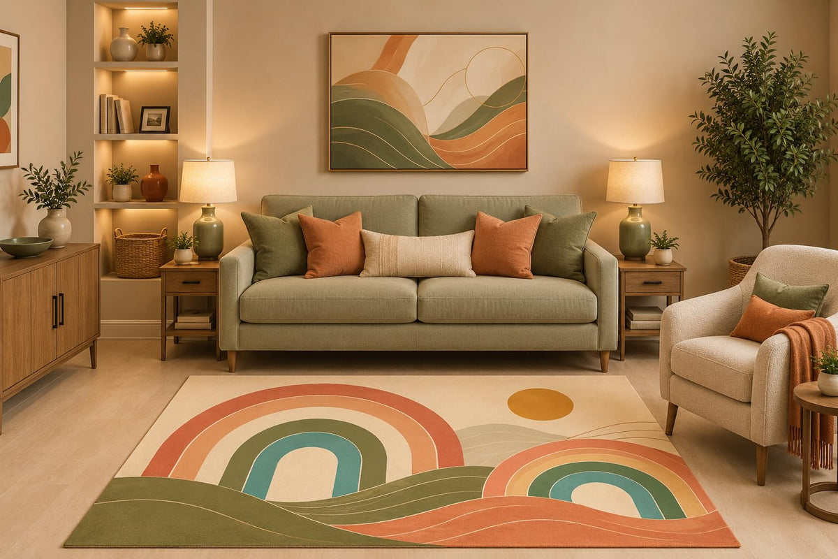 ICE ARMOR 5' x 7' Boho Rainbow Landscape Area Rug Scandinavian Abstract Rainbow Hills Modern Design for Living Room Bedroom Nursery Playroom Home Decor Non-Slip Silicone Backing Low Pile