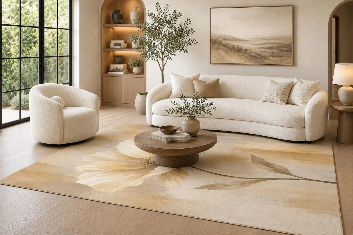ICE ARMOR 6'7" x 9'10" Beige, Ivory and Brown Poppy Bloom Area Rug for Living Room, Soft Low Pile Carpet with Non-Slip Backing for Bedroom, Dining Room and Home Office