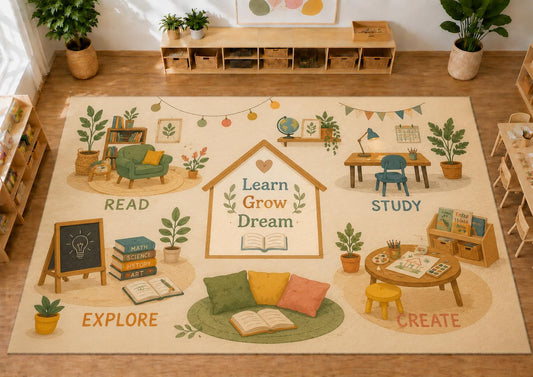 ICE ARMOR Large 6'7" x 9'10" Learn Grow Dream Study Area Rug, Soft Low Pile Indoor Rug with Non-Slip Silicone Backing for Kids Room, Beige
