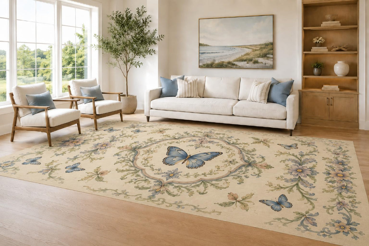 ICE ARMOR Large 6'7" x 9'10" Cream and Blue Butterfly Scroll Area Rug for Living Room, Soft Low Pile Carpet with Non-Slip Silicone Backing, Decor for Bedroom and Home Office