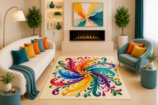 ICE ARMOR "Ultra Light Weight 5' x 7' Rainbow Swirl Floral Area Rug Colorful Abstract Boho Art Decor for Living Room Bedroom Playroom Non-Slip Silicone Backing Low Pile